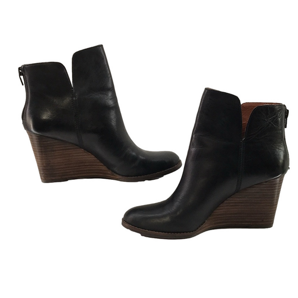 LUCKY BRAND Yolene Black Leather Ankle Booties w/3.5" Stacked Wedge Heel—Sz 9M - Picture 8 of 16